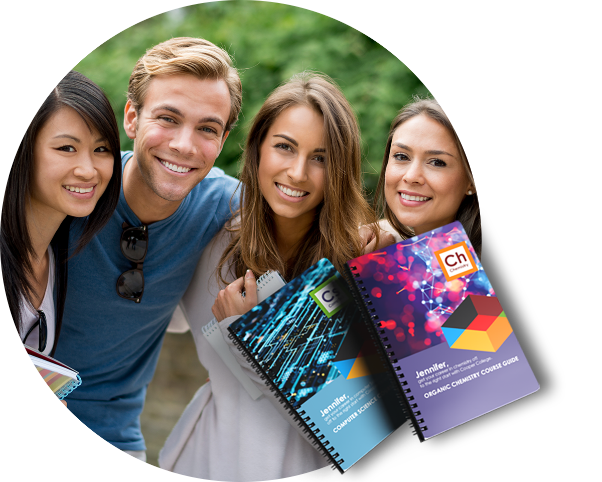 Group of higher education students smiling at the camera with an overly of two ring bound chemistry course guides.