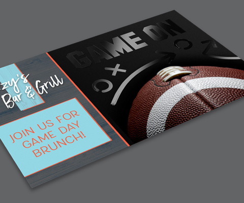 An Izzy's Bar & Grill postcard with "Join us for game day brunch" on the left and an image of a football with clear ink that reads "Game on" with circles and x on the right.