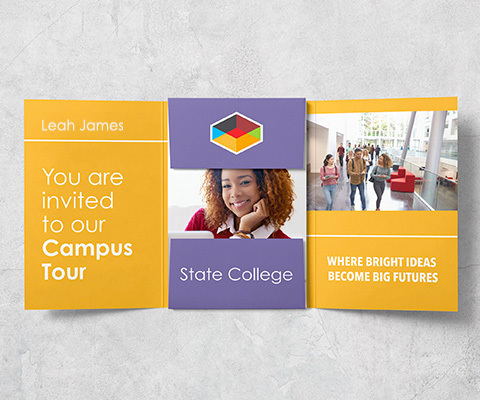 Yellow and purple unfolded invitation with a black girl with curly hair in the center and a group of college students on the right side. The invite reads "Leah James You are invited to our Campus Tour. State College. Where bright ideas become big futures."