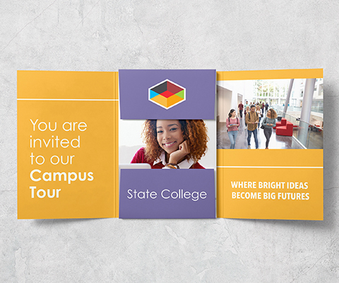 Yellow and purple unfolded invitation with a black girl with curly hair in the center and a group of college students on the right side. The invite reads "Leah James You are invited to our Campus Tour. State College. Where bright ideas become big futures."