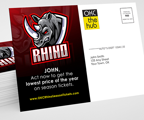 A large OKC The Hub postcard highlighting the Rhino sports team. The text reads "John, act now to get the lowest price of the year on season tickets."