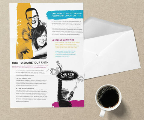 A Church Outreach newsletter on top of an envelope with a cup of coffee to the side. The Newsletter shows a happy couple and a woman with her arms stretched out.