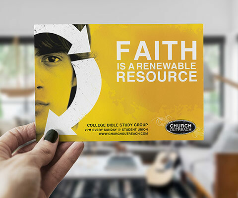 A yellow Church Outreach postcard with a person staring out at you with arrows around their face. The text reads "Faith is a renewable resource."