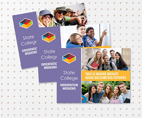 Three state college orientation weekend postcards fanned out. Images of smiling college students are on each postcard.