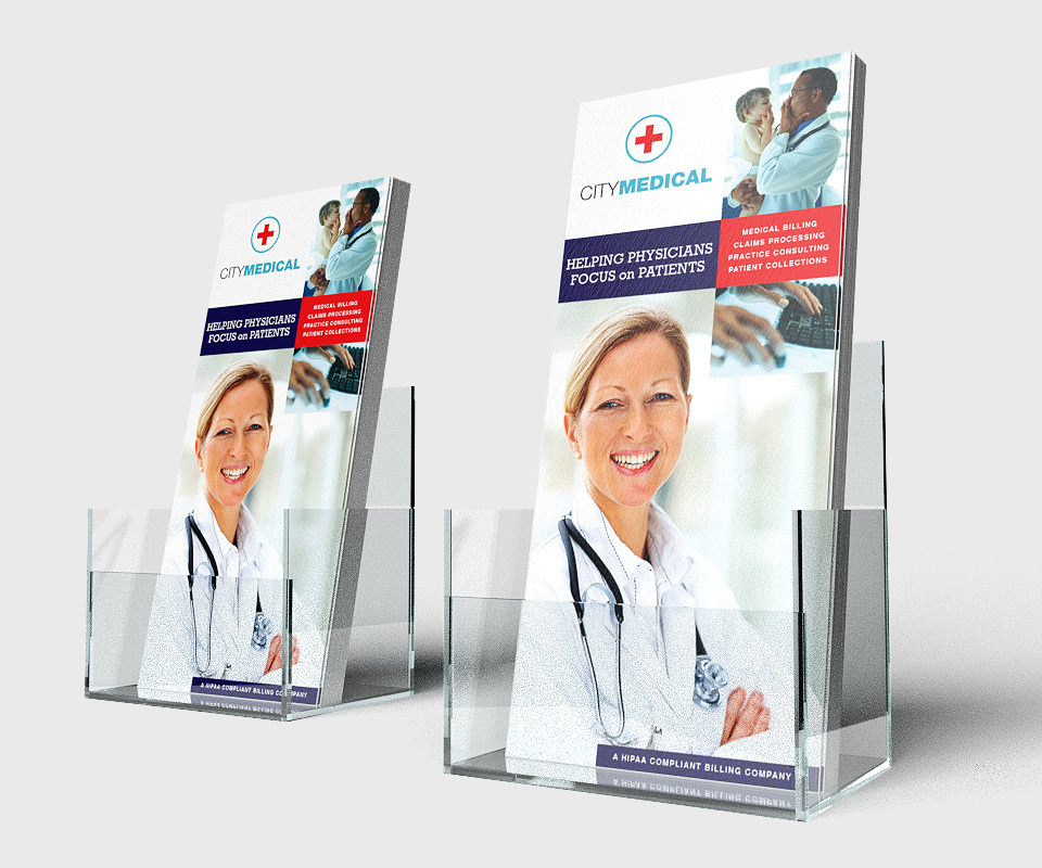 Two rack card containers holding City Medical rack cards with a smiling white woman doctor folding her arms and indistinguishable text above her.