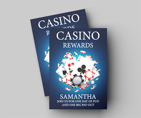 Two Casino Rewards flyers on a gray background. They read "Casino Rewards. Samantha, join us for one day of fun and one big pay-out."