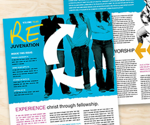 A Church Outreach weekly bulletin. The blue image on top features three people standing around with arrows in a circle around them. The headline reads Rejuvination" The text is unreadable